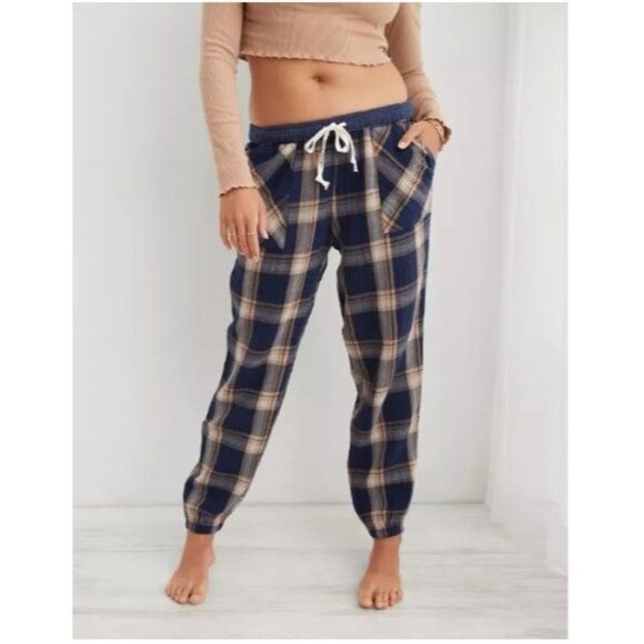 Aerie Jogger Size Small Soft Plaid Gauze Pajama Woven Jogger Pants Cotton Blue - Picture 1 of 8